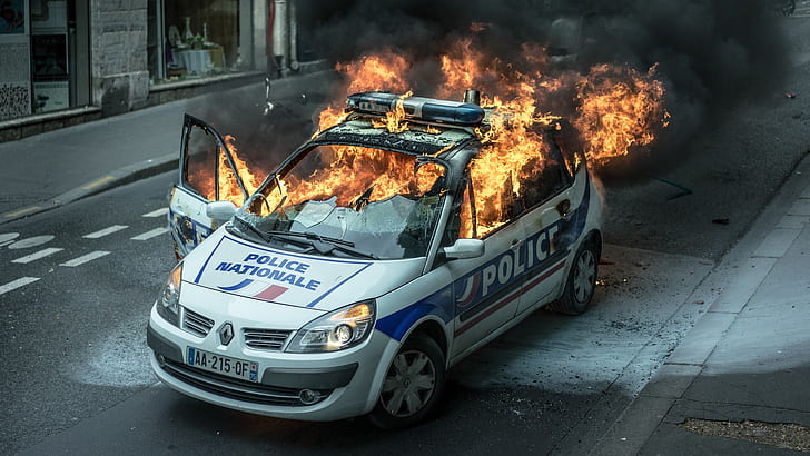 police, car, vehicle, fire, France, Renault, HD wallpaper