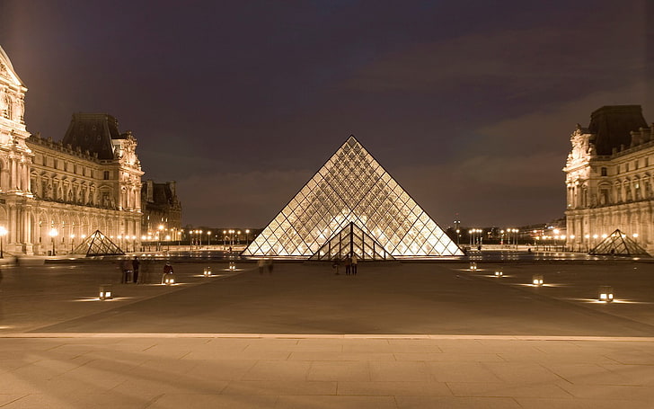 สถานที่สำคัญ, พิพิธภัณฑ์ลูฟร์, ปารีส, ฝรั่งเศส, การเปิดรับแสงเป็นเวลานาน, ปิรามิด, กลางคืน, พิพิธภัณฑ์, วอลล์เปเปอร์ HD