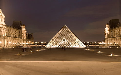 monument, Louvre, Paris, France, longue exposition, pyramide, nuit, musée, Fond d'écran HD HD wallpaper