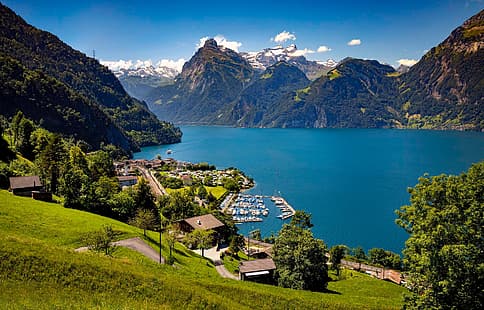 планини, езеро, Швейцария, село, Алпи, панорама, езеро Люцерн, езеро Люцерн, село Сисикон, HD тапет HD wallpaper