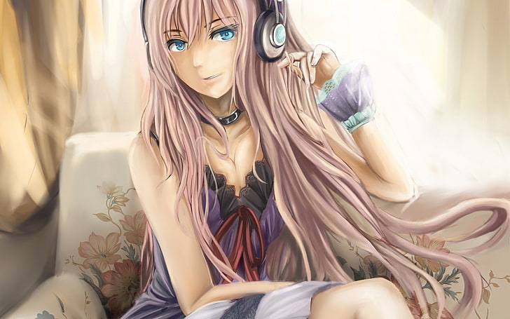 pink haired female anime character, anime, music, Vocaloid, Megurine Luka, soft shading, anime girls, headphones, long hair, HD wallpaper