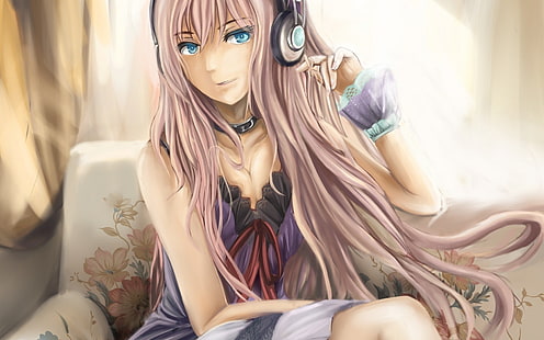 Personagem de anime feminino de cabelos rosa, anime, música, Vocaloid, Megurine Luka, sombreamento suave, garotas anime, fones de ouvido, cabelos longos, HD papel de parede HD wallpaper