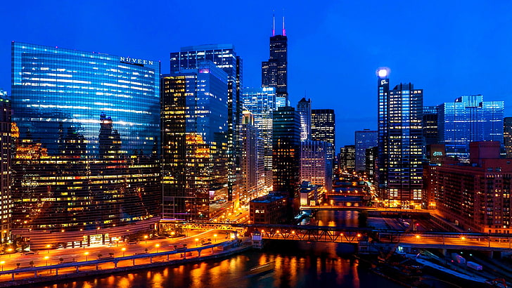 ウィリスタワー、シカゴ、シカゴ川、アメリカ合衆国、夕暮れ、街の灯、都市の景観、スカイライン、超高層ビル、イリノイ州、アメリカ、 HDデスクトップの壁紙