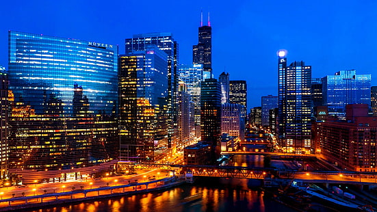 willis kulesi, chicago, chicago nehri, amerika birleşik devletleri, alacakaranlık, şehir ışıkları, ufuk çizgisi, gökdelen, ilinois, abd, HD masaüstü duvar kağıdı HD wallpaper