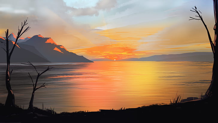 langit, lanskap, alam, Matahari terbenam, seni, gunung, awan, danau, matahari, seni digital, karya seni, ilustrasi, Wallpaper HD