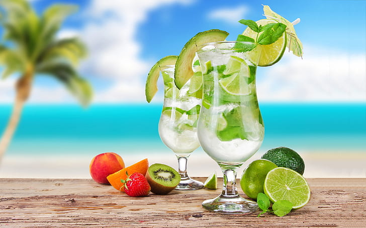 Коктейльные напитки Мохито, зеленый лимон, фрукты, лето, Мохито, коктейль, напитки, зеленый, лимон, фрукты, лето, HD обои