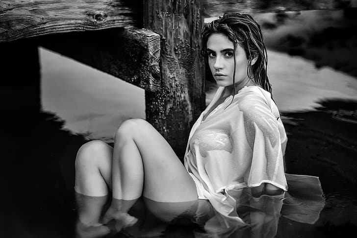 look, water, girl, pose, feet, wet, black and white, monochrome, Christopher Rankin, HD wallpaper