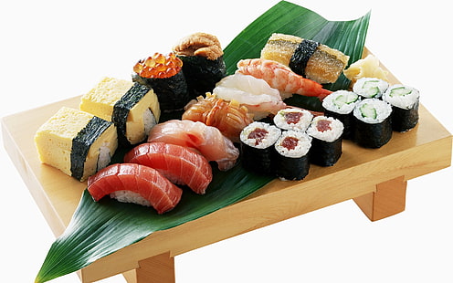 sushi and salmon, rolls, sushi, fish, meat, rice, nori, japanese cuisine, HD wallpaper HD wallpaper