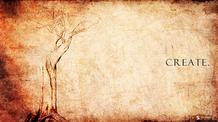 brown paper background with tree sketch and create text digital wallpaper, create, quote, trees, artwork, HD wallpaper