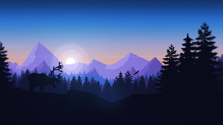 Sunrise, luminos, black, silhouette, deer, mountain, tree, morning, vector, blue, HD wallpaper