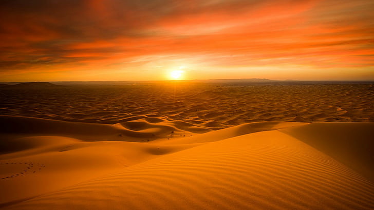 Мерзуга Мароко Сахара, слънце, пясък, хоризонт, пустиня, Мароко, залез, природа, Мерзуга, Сахара, HD тапет