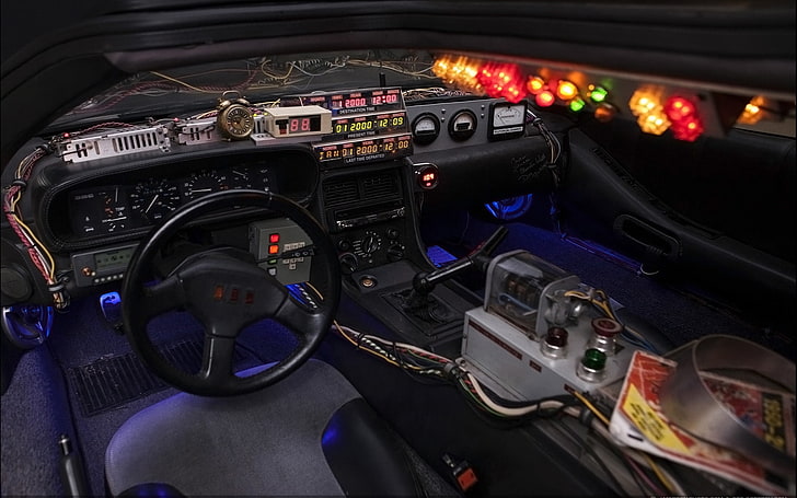 schwarzer Fahrzeuginnenraum, Hintergrund, Geräte, das Rad, The DeLorean, Salon, DeLorean, DMC-12, Zurück in die Zukunft, Time Machine, HD-Hintergrundbild
