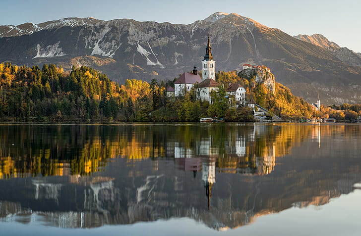 есен, планини, езеро, отражение, остров, Словения, Бледско езеро, Блед, Поклонническа църква 