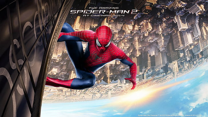 Человек-паук, The Amazing Spider-Man, фильмы, вверх ногами, 2014 (год), супергерой, городской пейзаж, HD обои