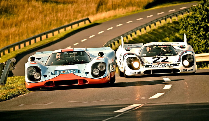 синие и белые спортивные автомобили, суперкар, дорога, Porsche, 917, Martini, залив, HD обои
