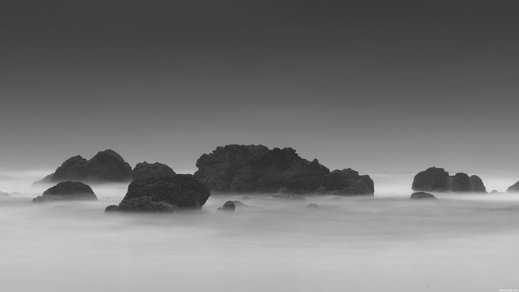 gray scale mountain during mist, photography, monochrome, mist, mountains, nature, shore, HD wallpaper