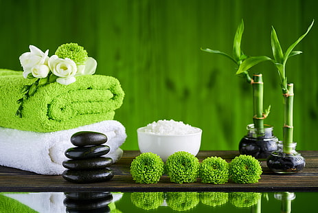  flowers, stones, bamboo, relax, towels, spa, bath salt, HD wallpaper HD wallpaper