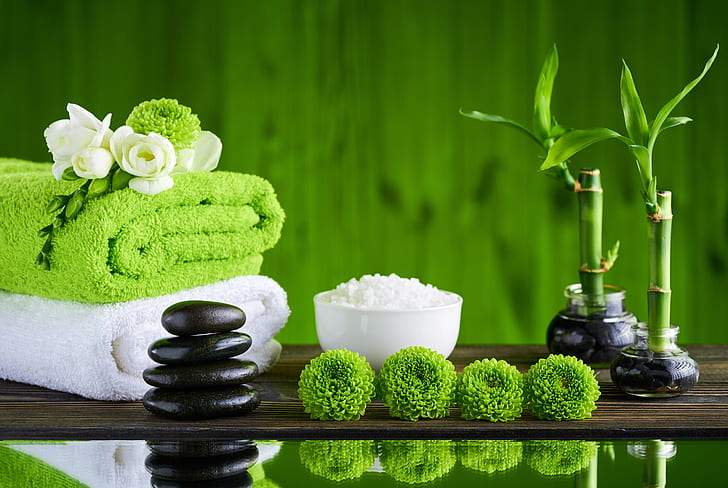 Man Made, Spa, Bamboo, Green, Reflection, Stone, Towel, White Flower, Zen, HD wallpaper