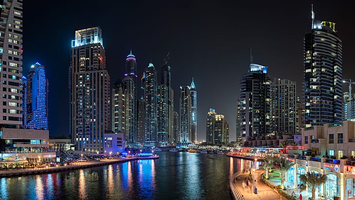 8k UHD, Дубай Марина, городской пейзаж, небоскребы, мегаполис, небоскреб, Дубай, горизонт, пристань для яхт, ночь, Объединенные Арабские Эмираты, ОАЭ, центр города, огни города, HD обои