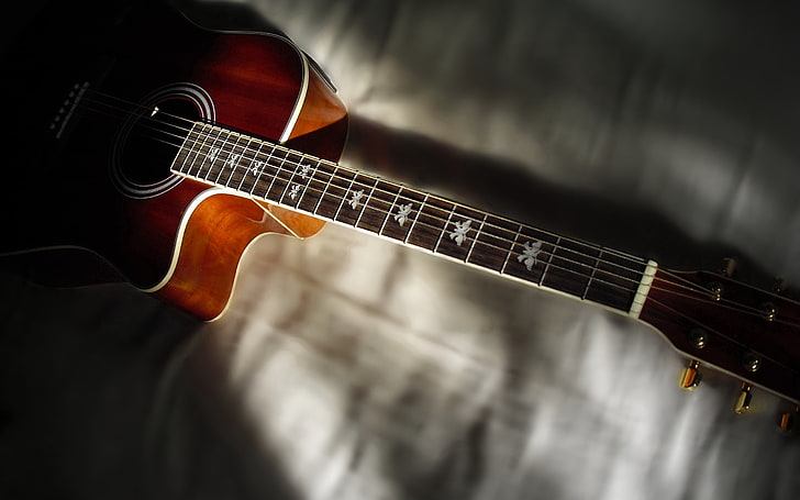 Strings Frets Guitar, brown wooden squared-off acoustic guitar, Music, , guitar, HD wallpaper