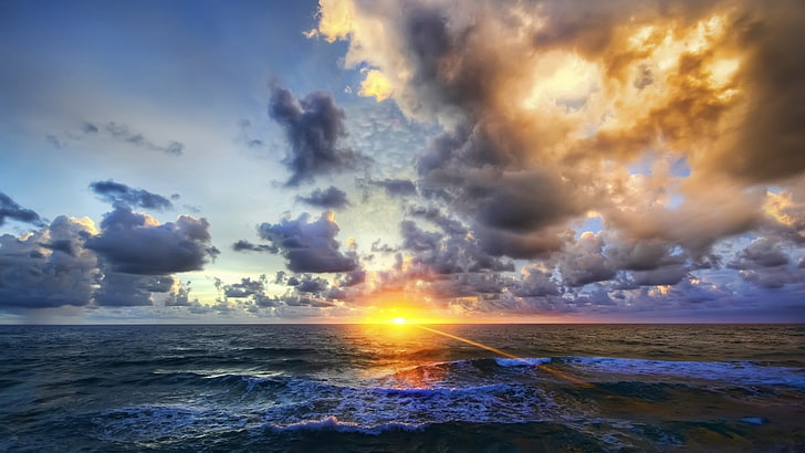 바다 해안, 바다, 일몰, 태양, 햇빛, 수평선, 하늘, 구름, 자연, HD 배경 화면