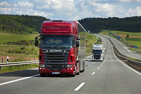 roter Scania-LKW, Natur, Straße, LKW, Feld, Wald, Scania, Traktor, Scania Trucks, R730, Р730, Topline, HD-Hintergrundbild HD wallpaper