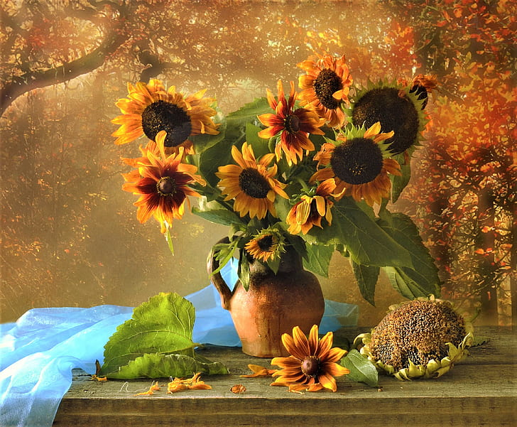 Fotografie, Stillleben, Fallen, Krug, Sonnenblume, Vase, Gelbe Blume, HD-Hintergrundbild
