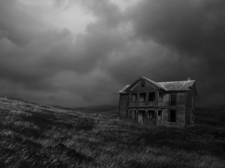 gråskalefoto av hus i två våningar, mörkt, svartvitt, fotografi, gammalt, hus, byggnad, HD tapet