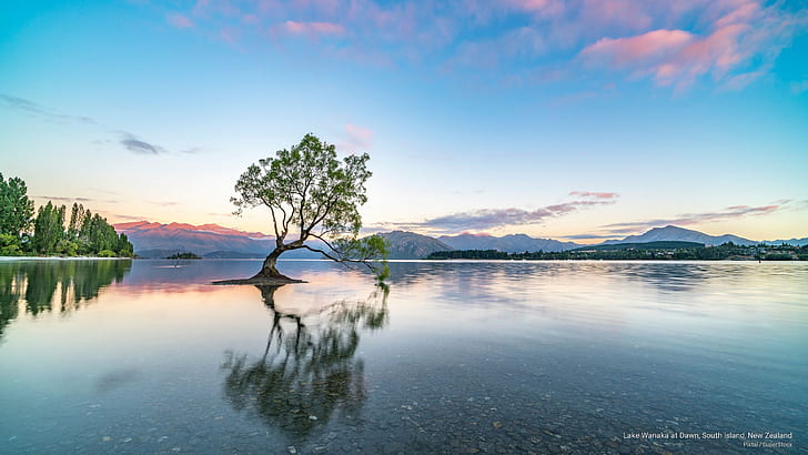 Езерото Ванака в зората, Южен остров, Нова Зеландия, Океания, HD тапет