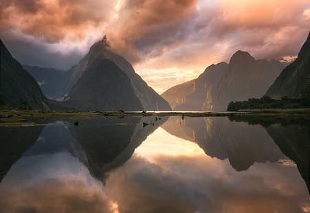 montanhas, baía, Nova Zelândia, fiorde, Milford Sound, Milford, HD papel de parede HD wallpaper