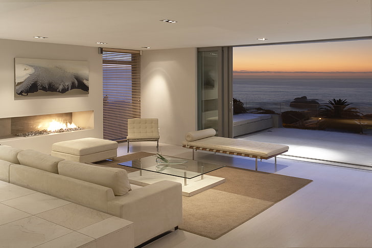 белый замшевый диван, море, пейзаж, стол, комната, океан, обои, интерьер, балкон, квартира, диваны, обои, Люкс, HD обои