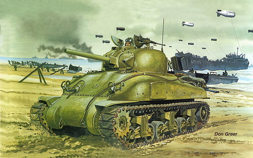 wallpaper tank tempur, kedatangan, setelah, pasukan, Sherman, M4 Sherman, Overlord, 6 Juni 1944., Operasi Normandia, di loncatan., sekutu, atau operasi, pendaratan, tank medium utama Amerika, selama perang dunia kedua,bala bantuan, Wallpaper HD HD wallpaper