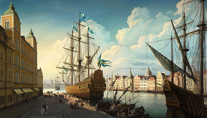 painting of galleon docked near concrete structure, ship, artwork, Sweden, Stockholm, HD wallpaper