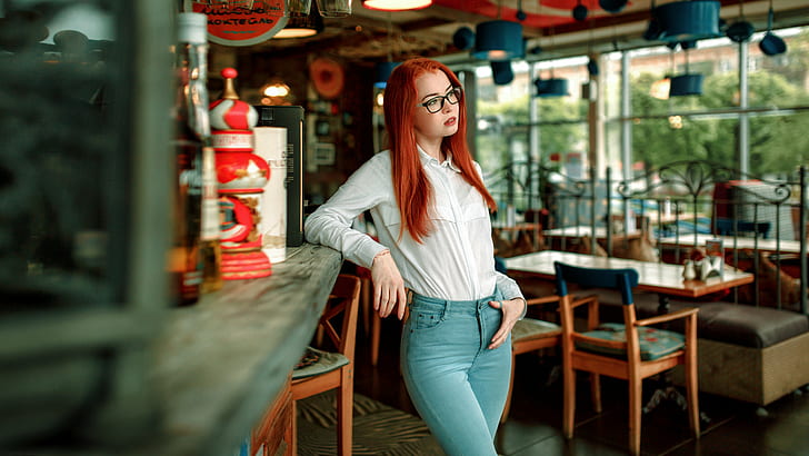 women, jeans, shirt, women with glasses, portrait, looking away, redhead, HD wallpaper