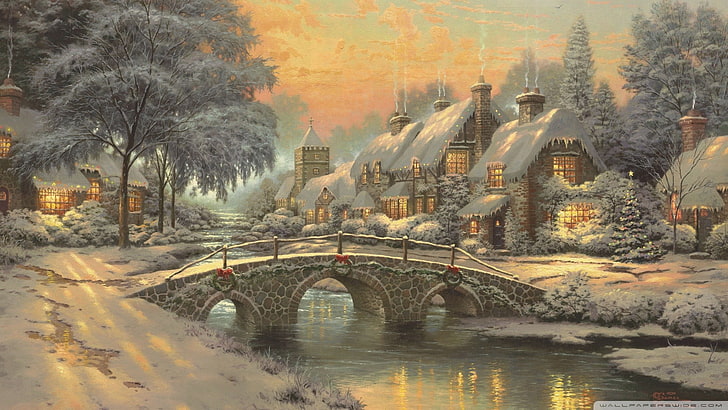 gray concrete bridge, painting, cottage, bridge, chimneys, snow, Thomas Kinkade, stream, holiday, HD wallpaper