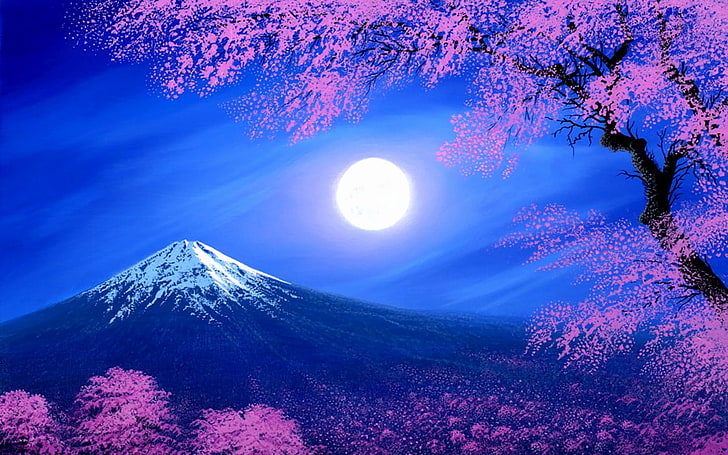 Volcanoes, Mount Fuji, Artistic, Cherry Blossom, Fantasy, Moon, Mountain, Spring, Tree, HD wallpaper