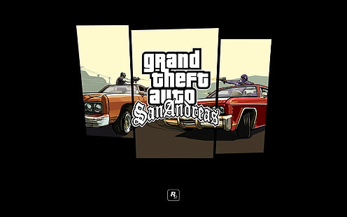 GTA, San Andrea, GTA, San Andreas, Grand Theft Auto, gang Ballas gang Grove Street, shooting, car, logo, Rockstar, HD wallpaper HD wallpaper