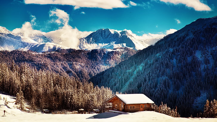 casa marrom e branca, paisagem, neve, HD papel de parede