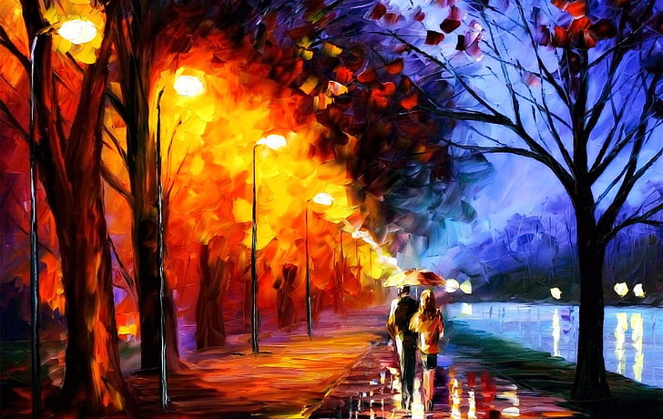 три человека, идущие по дороге, живопись, живопись, пара, уличный фонарь, дорожка, произведение искусства, зонт, Леонид Афремов, HD обои
