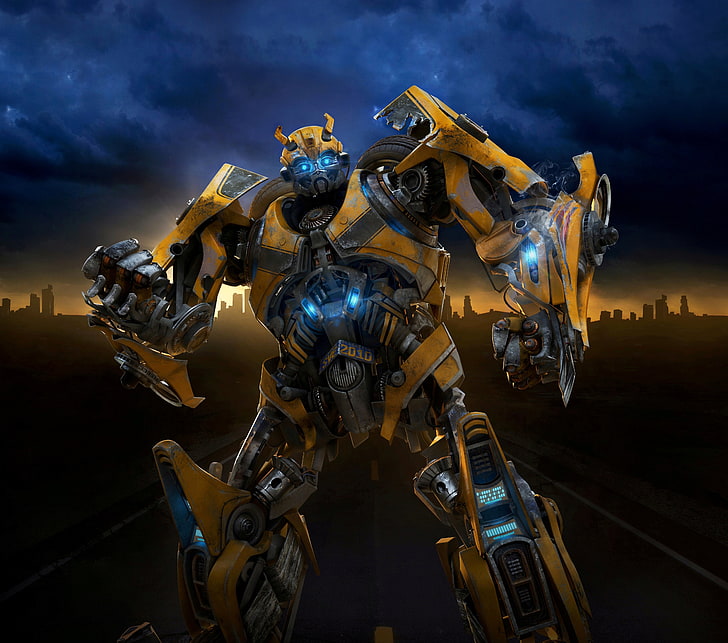 Bumblebee illustration, road, the sky, night, clouds, movie, desert, robots, Egypt, Camaro, Transformers, cars, the movie, Revenge of the Fallen, the Autobots, Transformers 2, Bumblbee, Bumblebee, HD wallpaper
