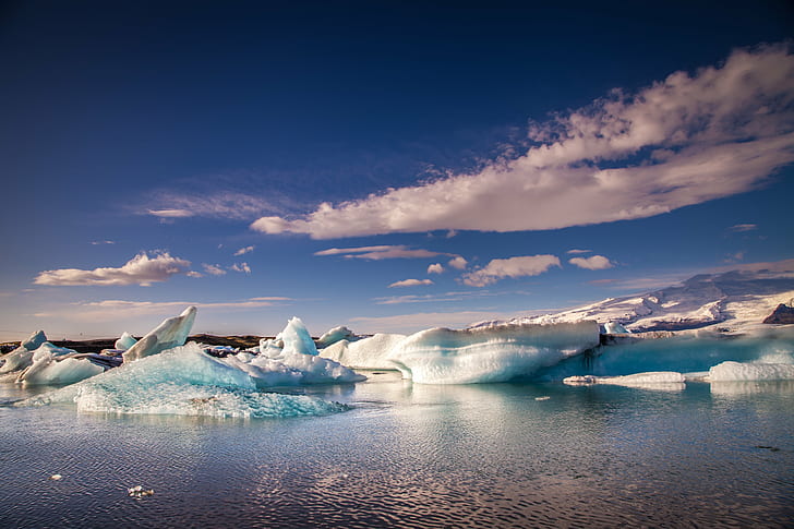 ice glacier on body of water, Iceberg, ice, glacier, body of water, glacial, river, lagoon, iceland, Jökulsárlón, snow, winter, nature, iceberg - Ice Formation, landscape, arctic, mountain, cold - Temperature, blue, white, sky, scenics, outdoors, frozen, HD wallpaper