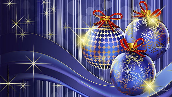 Christmas Balls Bright, stelle, natale, decoeations, palline, brillante, feliz navidad, sparkle, oro, onde, blu, bagliore, natale, Sfondo HD HD wallpaper