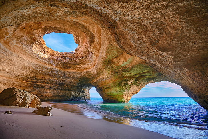 песок, море, скалы, камни, берег, арка, Португалия, Алгарве, HD обои