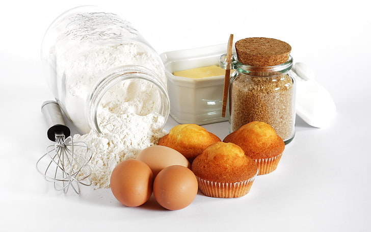 brown egg, muffins, eggs, flour, pot, sugar, dough, HD wallpaper