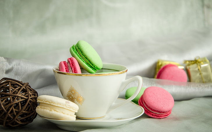 white ceramic cup and saucer, background, widescreen, Wallpaper, food, plate, mug, Cup, sweet, full screen, HD wallpapers, macaron, fullscreen, HD wallpaper