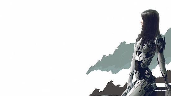  Girl, Minimalism, White, Background, Fur, Art, Cyborg, Concept Art, Characters, Nano, Cyber, Science Fiction, Sci-fi, Mech, Cyberpunk, by Yury Krylou, Yury Krylou, HD wallpaper HD wallpaper