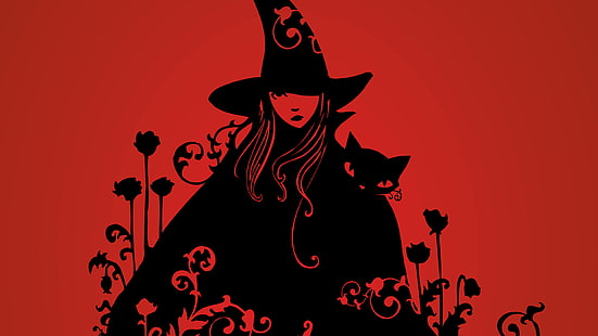 chat, sorcière, fille fantastique, art fantastique, fond rouge, rouge, noir, chapeau de sorcière, Fond d'écran HD HD wallpaper