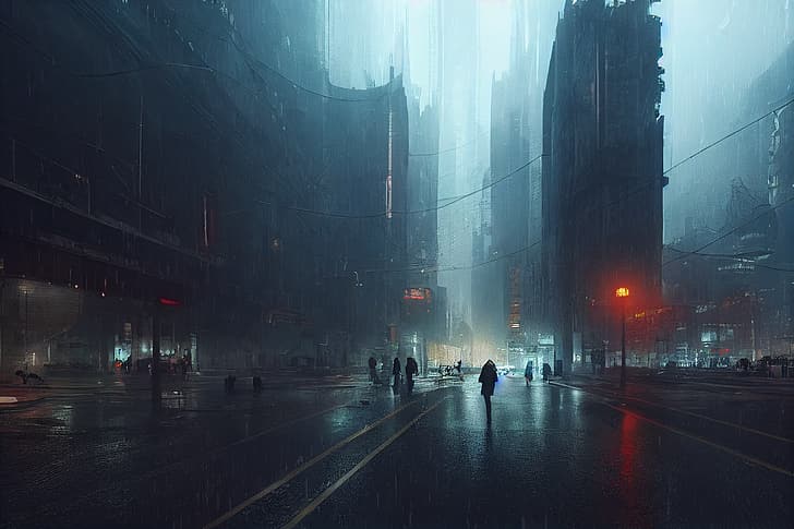 فن الذكاء الاصطناعي ، السايبربانك ، المدينة ، الليل ، المطر ، الشارع، خلفية HD