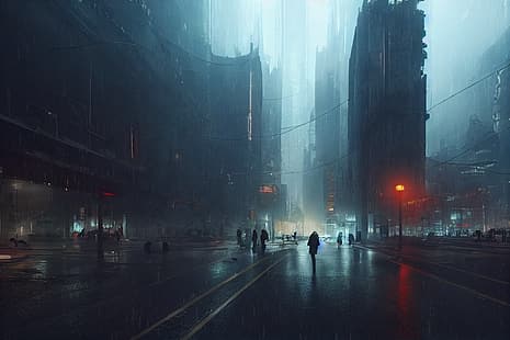  AI art, cyberpunk, city, night, rain, street, HD wallpaper HD wallpaper