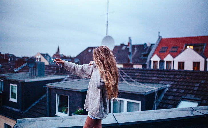blonde, women, rooftops, HD wallpaper